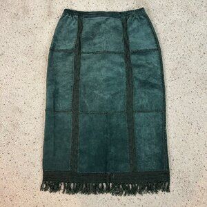 Vintage Ashley Stewart Dark Green Suede Leather Maxi Skirt Crochet Size 16 Women